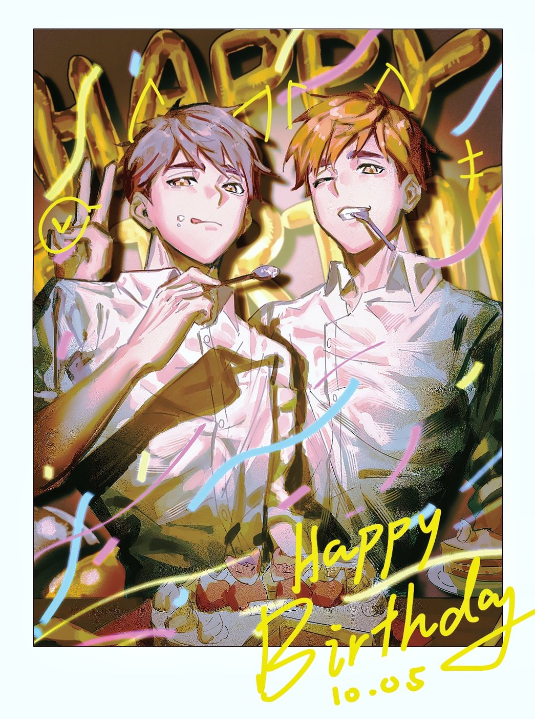 miya atsumu, miya osamu, haikyuu!!, commentary, english commentary, highres, 2boys, birthday date, blonde hair, buttons, cake, collared shirt, food, grey hair, happy birthday, holding, holding spoon, looking at viewer, male focus, mouth hold, multiple boys, one eye closed, polaroid photo, sand1531848, shirt, short hair, siblings, spoon, teeth hold, twins, upper body, v, white shirt, yellow eyes