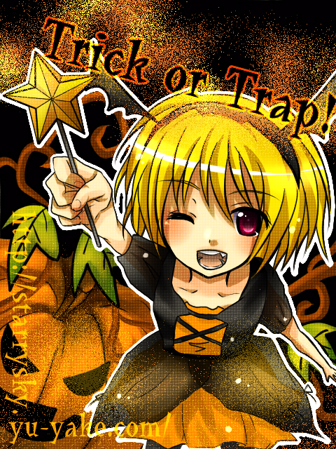houjou satoko, higurashi no naku koro ni, 00s, 1girl, blonde hair, dress, fang, female focus, hairband, halloween, jack-o'-lantern, one eye closed, pantyhose, pumpkin, red eyes, short hair, solo, trick or treat, wand, watermark, web address, wink