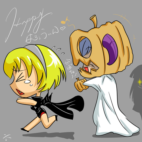 furude rika, hanyuu, houjou satoko, higurashi no naku koro ni, lowres, > <, + +, 00s, 3girls, :<, blonde hair, cape, chasing, chibi, closed eyes, fang, fleeing, ghost, glowing, glowing eyes, grey background, hairband, halloween, happy halloween, high heels, horns, jack-o'-lantern, long hair, multiple girls, musical note, pumpkin, pumpkin hat, pumps, running, short hair, silhouette, simple background, tears, triangle mouth