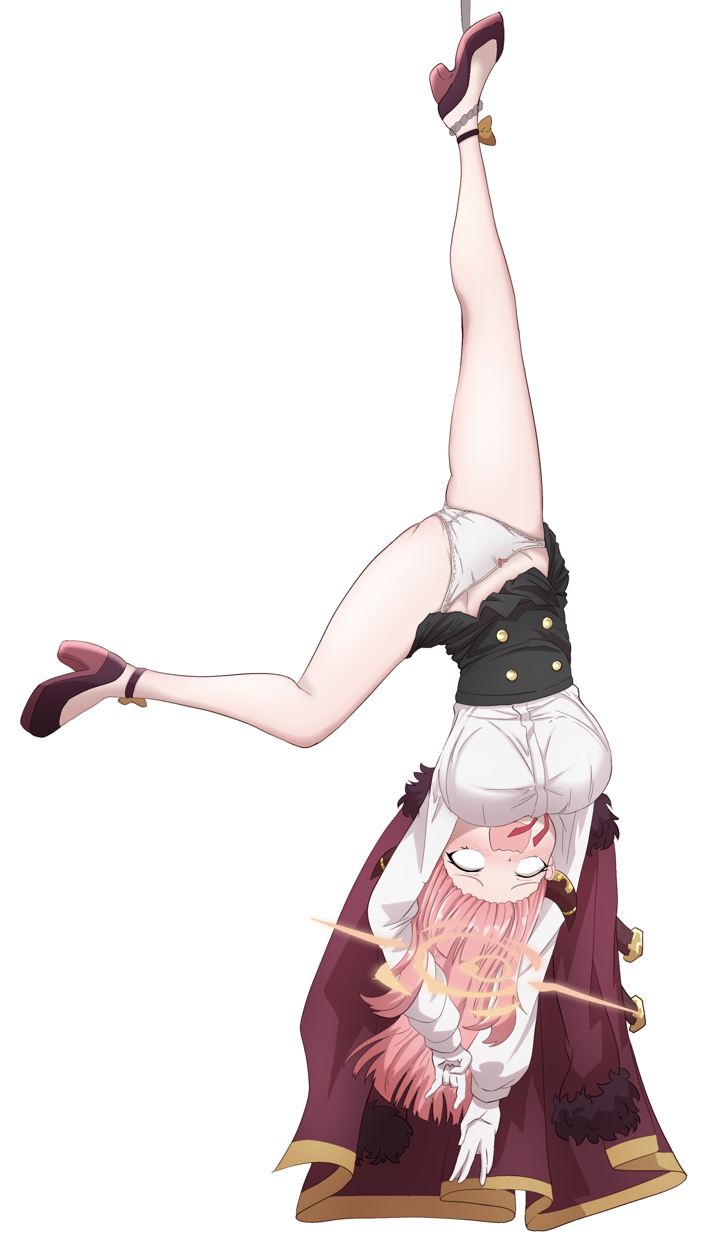 kirisame0729, aru (blue archive), blue archive, absurdres, highres, 1girl, breasts, brown horns, coat, coat on shoulders, demon horns, embarrassed, gloves, halo, hanging, high heels, horns, large breasts, long hair, long sleeves, open mouth, orange halo, panties, pink hair, shirt, solo, underwear, upside-down, white gloves, white panties, white shirt