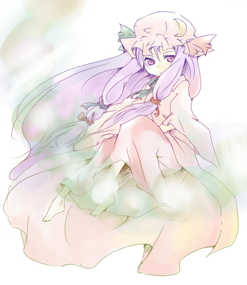 tsk, patchouli knowledge, touhou, bad id, bad pixiv id, 1girl, barefoot, crescent moon, female focus, full body, hat, moon, purple eyes, purple hair, sitting, solo, white background
