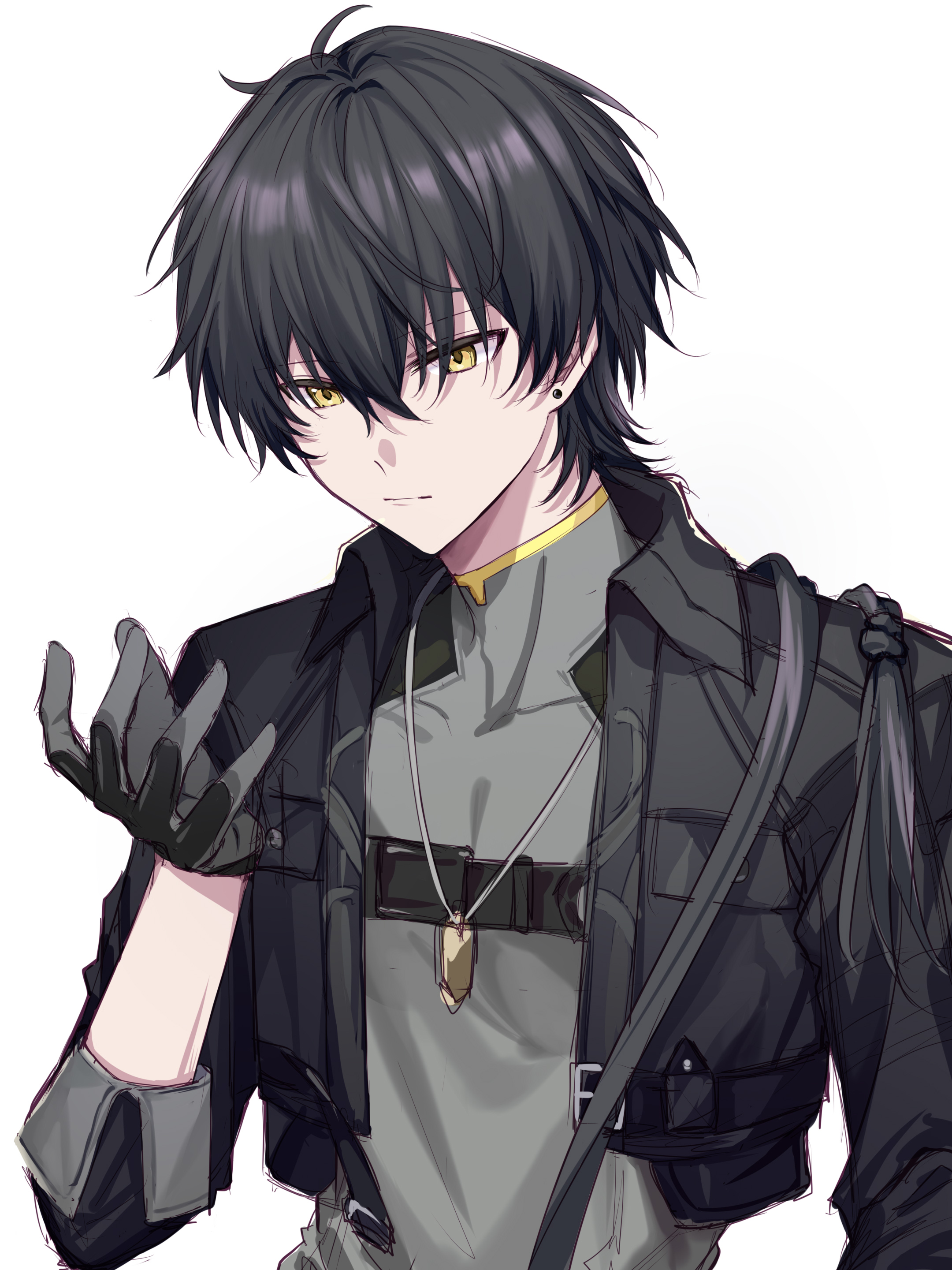 kohatsu (pixiv 18000337), male rover (wuthering waves), rover (wuthering waves), wuthering waves, absurdres, commentary request, highres, 1boy, black gloves, black hair, black jacket, closed mouth, gloves, grey shirt, hair between eyes, hand up, jacket, long hair, looking at hand, male focus, shirt, simple background, solo, upper body, white background, yellow eyes