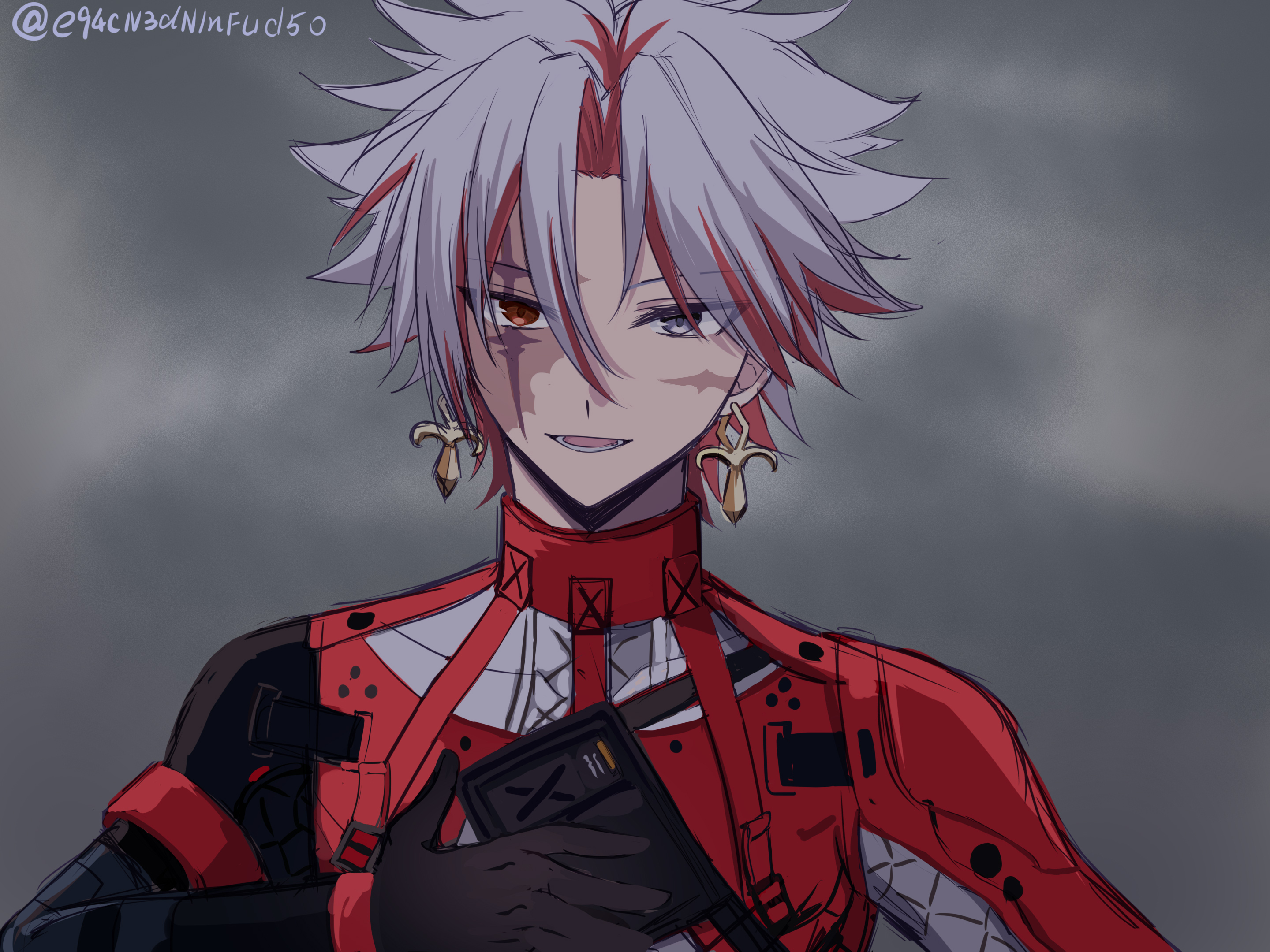 kohatsu (pixiv 18000337), scar (wuthering waves), wuthering waves, commentary request, highres, 1boy, burn scar, cross, cross earrings, earrings, grey eyes, grey hair, hand on own chest, heterochromia, jacket, jewelry, looking at viewer, male focus, open mouth, orange eyes, red hair, red jacket, scar, scar across eye, scar on face, smile, solo, upper body