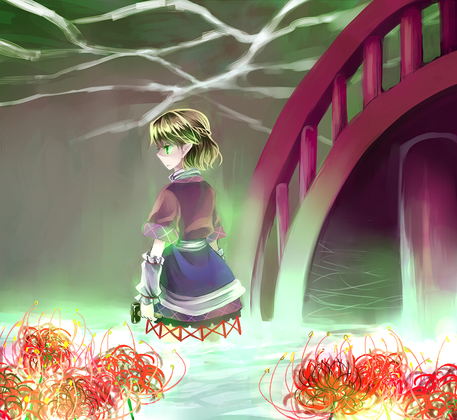tadano kagekichi, mizuhashi parsee, touhou, bad id, bad pixiv id, 1girl, arm warmers, blonde hair, braid, bridge, female focus, flower, green eyes, half up braid, half updo, hammer, red flower, short hair, solo, spider lily, water