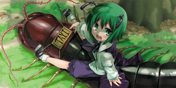 gengorou, wriggle nightbug, touhou, 1girl, antennae, black shoes, bug, cape, female focus, green eyes, green hair, matching hair/eyes, nature, outdoors, plant, shoes, short hair, solo, taxi
