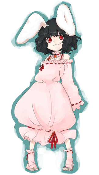 shikai (iesiki 56), inaba tewi, touhou, 1girl, :3, animal ears, bare shoulders, black hair, dress, female focus, off shoulder, rabbit ears, red eyes, ribbon-trimmed dress, ribbon-trimmed socks, ribbon trim, shikai, socks, solo, split mouth