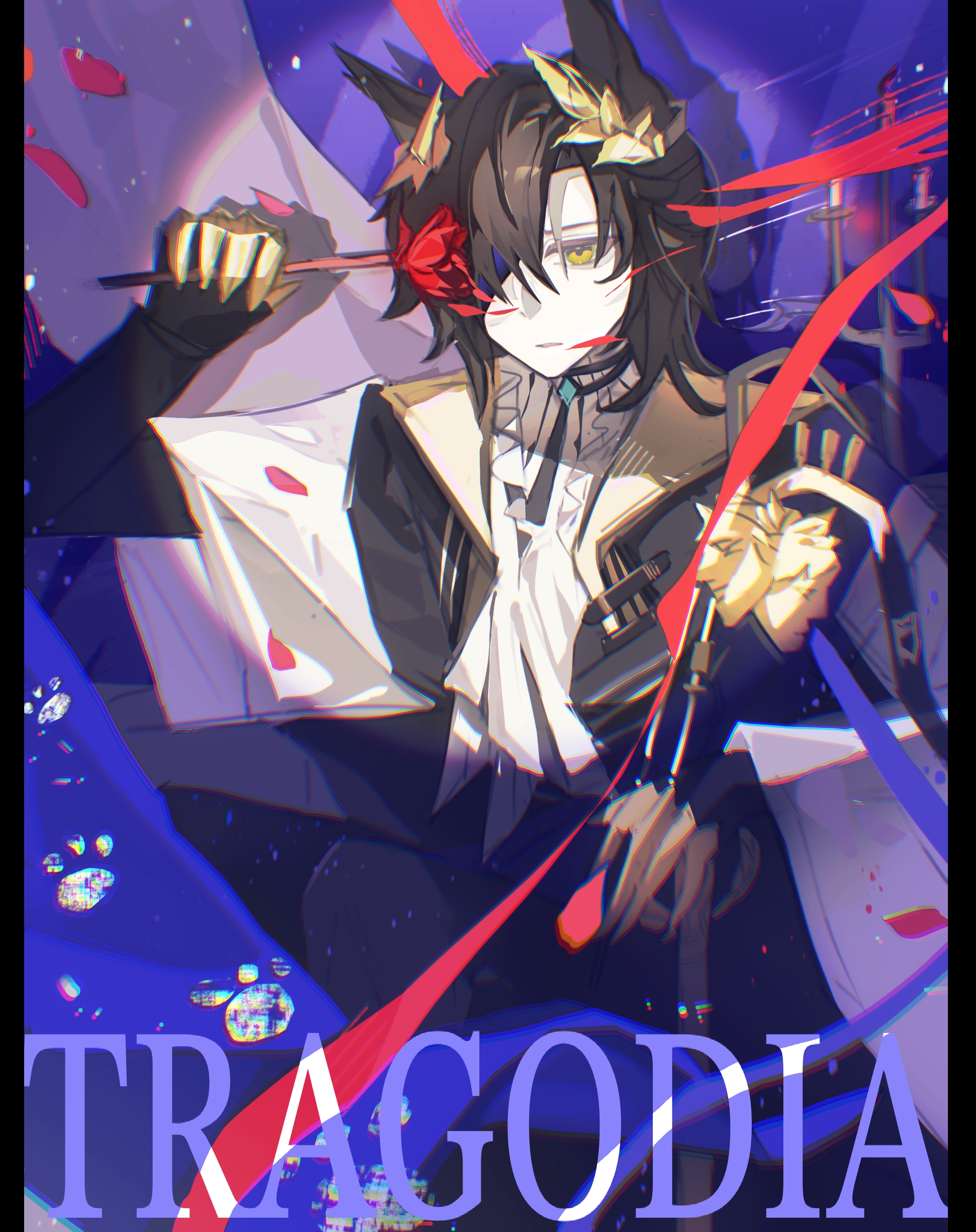 phantom (arknights), tragodia (arknights), arknights, absurdres, chinese commentary, commentary request, highres, 1boy, animal ears, arm up, brown hair, character name, chromatic aberration, flower, hair over one eye, jiu yi wu, looking at viewer, male focus, one eye covered, parted lips, petals, red flower, red rose, rose, rose petals, short hair, solo, spotlight, yellow eyes