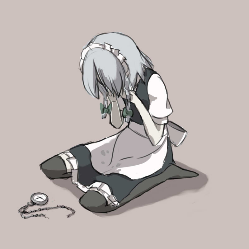 vel, izayoi sakuya, touhou, silver hair, 1girl, clock, female focus, full body, hairband, maid, ribbon, short hair, solo, tears, thighhighs