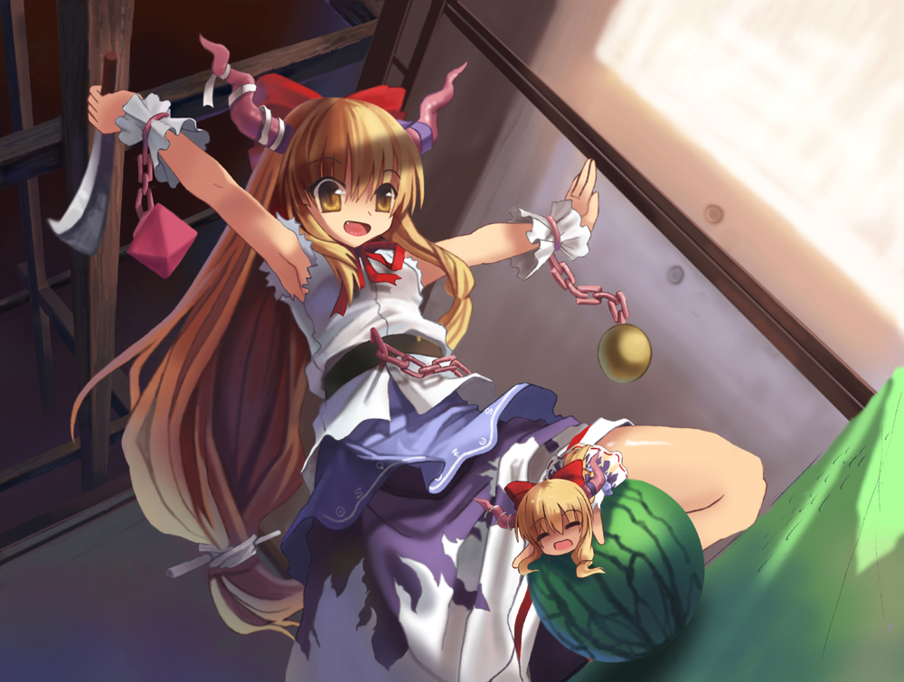 kamisakai, ibuki suika, touhou, bad id, bad pixiv id, 1girl, billhook, female focus, food, fruit, hatchet, in food, long hair, low-tied long hair, mini person, minigirl, name connection, object namesake, solo, watermelon