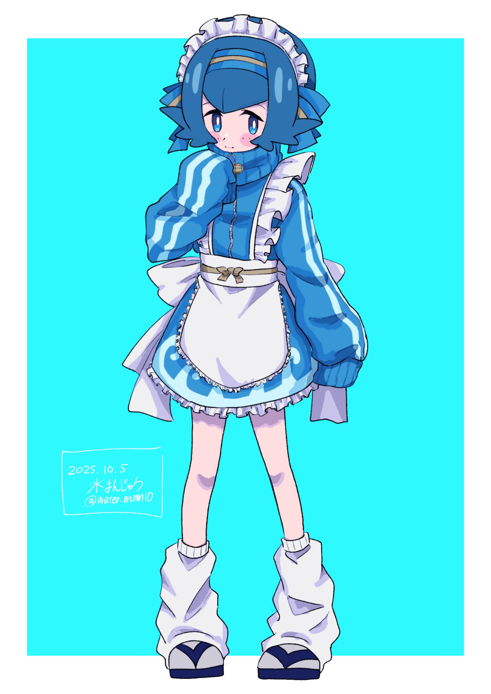 mizu majuu (waterman10), lana (pokemon), nintendo, pokemon, pokemon sm, commentary request, highres, 1girl, alternate costume, apron, aqua background, blue eyes, blue hair, blue hairband, blue jacket, blush stickers, border, bright pupils, closed mouth, full body, hairband, hand up, jacket, jersey maid, knees, leg warmers, long sleeves, maid, maid headdress, no sclera, outside border, shoes, short hair, sleeves past fingers, sleeves past wrists, solo, standing, unconventional maid, waist apron, white apron, white border, white leg warmers, white pupils, zipper