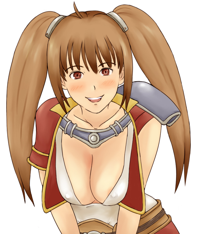 momo 765, rirakukan, estelle bright, eiyuu densetsu, falcom, sora no kiseki, 1girl, ahoge, armor, blush, breasts, brown eyes, brown hair, cleavage, jacket, large breasts, long hair, smile, twintails