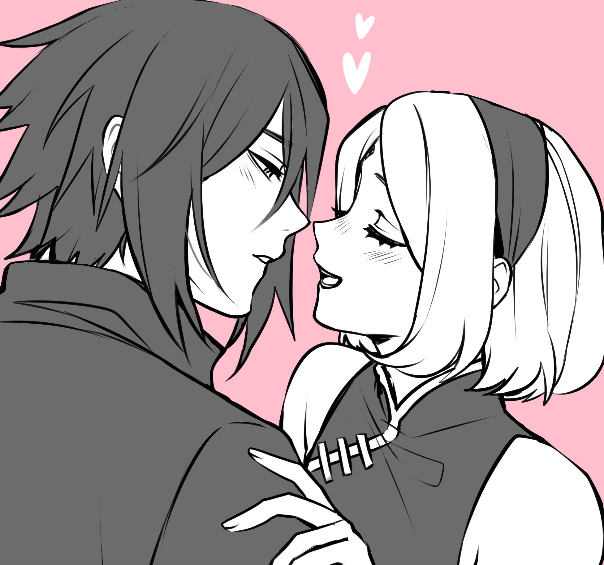 sasucchi95, haruno sakura, uchiha sasuke, boruto: naruto next generations, naruto (series), highres, 1boy, 1girl, bare shoulders, closed eyes, couple, greyscale, hairband, heart, hetero, husband and wife, looking at another, monochrome, open mouth, pink background, short hair, upper body