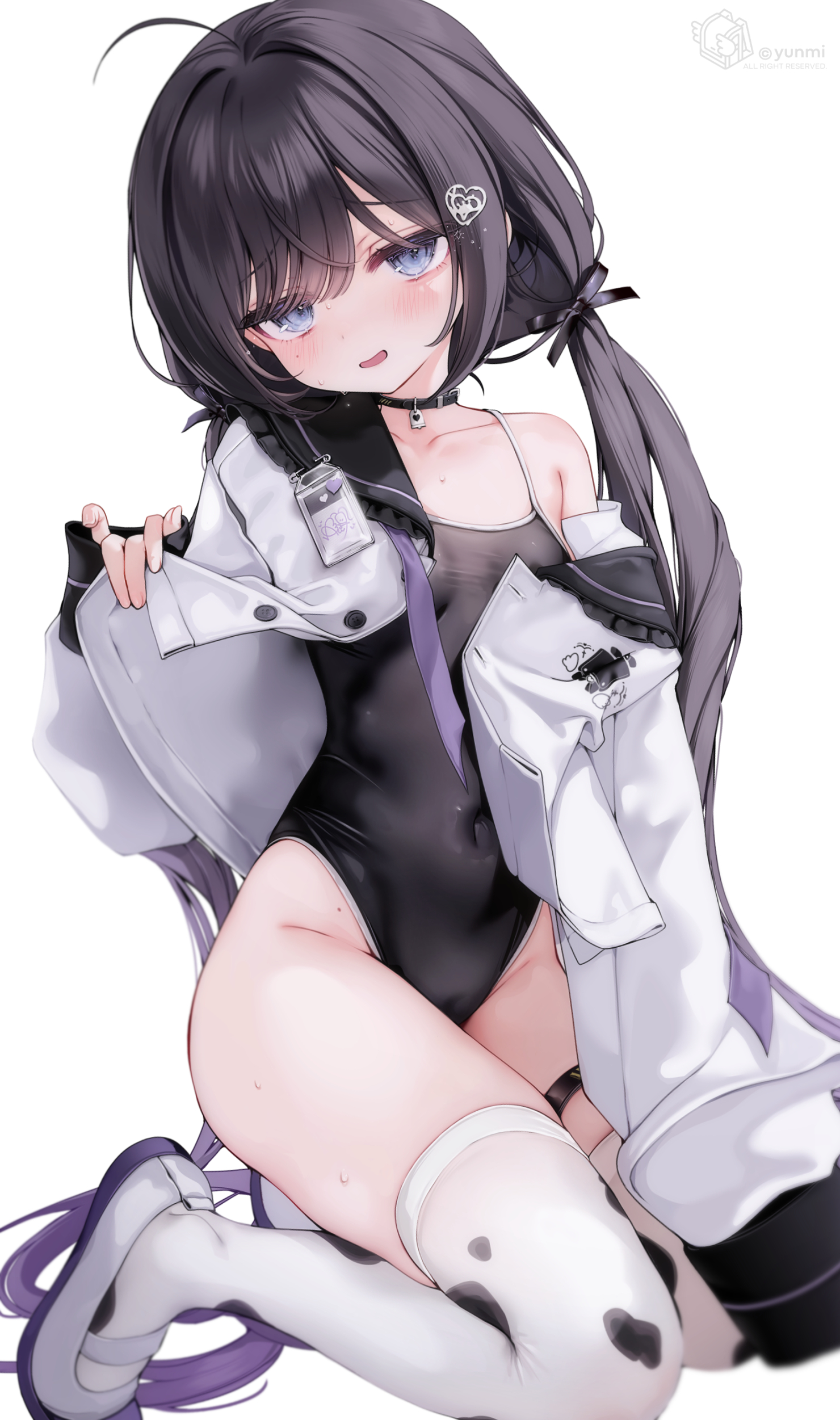 yunmi 0527, indie virtual youtuber, absurdres, commentary request, highres, 1girl, animal print, artist name, black choker, black hair, black one-piece swimsuit, black ribbon, blue eyes, blush, breasts, cameltoe, choker, collarbone, covered navel, cow print, cow print thighhighs, hair ornament, hair ribbon, heart, heart hair ornament, highleg, highleg one-piece swimsuit, jacket, long hair, long sleeves, looking at viewer, low twintails, one-piece swimsuit, open clothes, open jacket, print thighhighs, ribbon, shiny swimsuit, shoes, simple background, small breasts, solo, swimsuit, swimsuit under clothes, thigh strap, thighhighs, twintails, very long hair, virtual youtuber, wet, white background, white jacket, white shoes, white thighhighs, yunmi (vtuber)