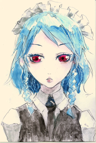bakayanagi, izayoi sakuya, touhou, silver hair, traditional media, 1girl, black necktie, braid, collared shirt, female focus, looking at viewer, necktie, red eyes, shirt, solo, twin braids, upper body