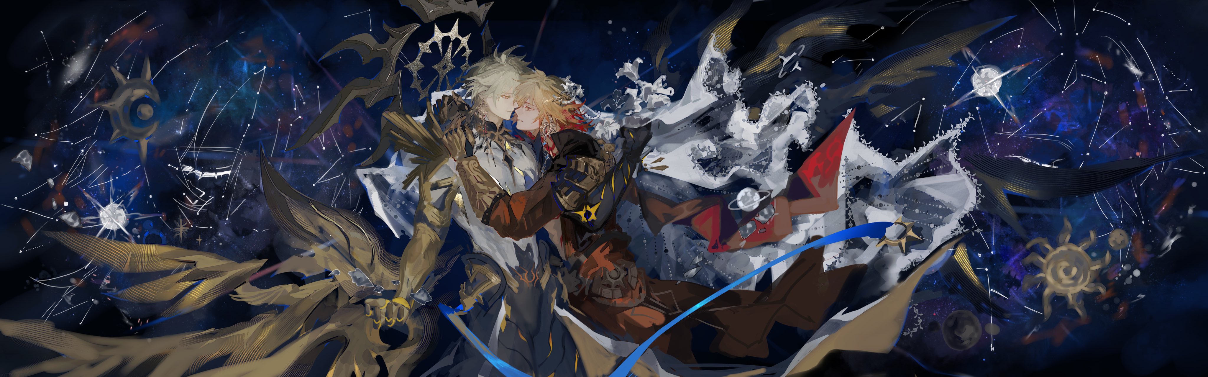 dichlorvos, mydei (honkai: star rail), phainon (honkai: star rail), phainon (khaslana) (honkai: star rail), honkai: star rail, honkai (series), absurdres, highres, 2boys, blonde hair, clawed gauntlets, closed mouth, cowboy shot, gradient hair, halo, halo behind head, hug, male focus, medium hair, multicolored hair, multiple boys, red hair, red tattoo, short hair, spiked halo, tattoo, yaoi