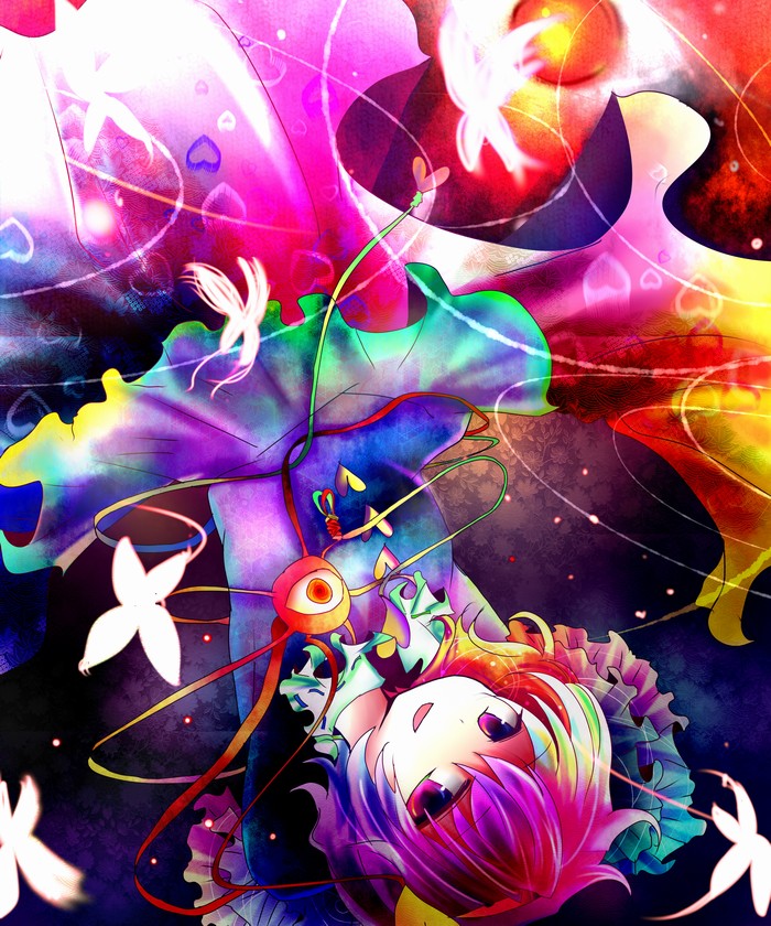 kazu (muchuukai), komeiji satori, touhou, bad id, bad pixiv id, 1girl, alternate hair color, blouse, blue shirt, bug, butterfly, collared shirt, colorful, female focus, insect, shirt, solo, upside-down
