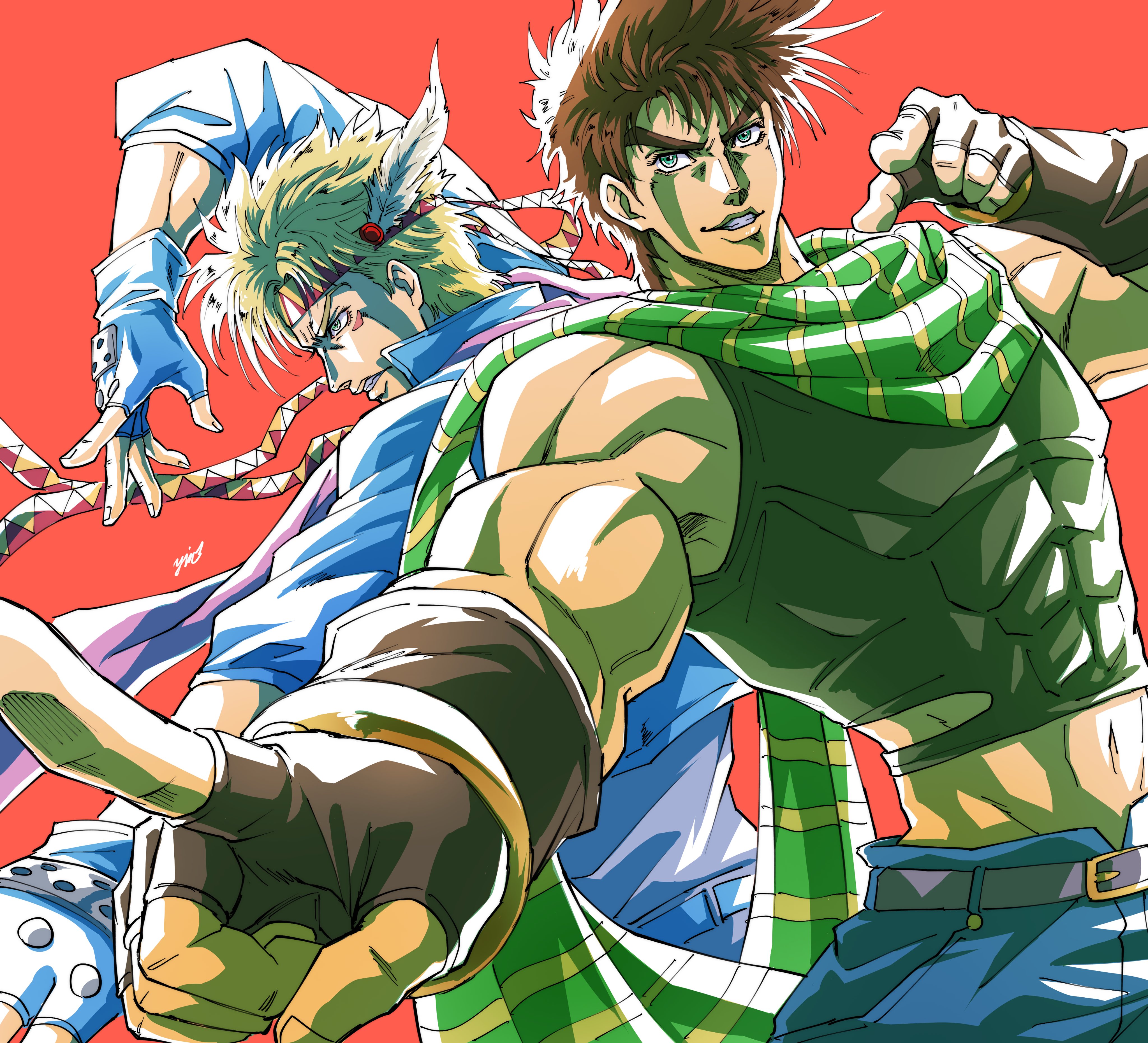 blue gk, yui fightpaint, caesar anthonio zeppeli, joseph joestar, joseph joestar (young), battle tendency, jojo no kimyou na bouken, absurdres, highres, abs, belt, blonde hair, blue gloves, blue pants, brown gloves, brown hair, facial mark, feather hair ornament, feathers, fingerless gloves, gloves, green eyes, green scarf, green tank top, hair ornament, headband, index finger raised, midriff, muscular, muscular male, navel, official style, pants, parted lips, pectorals, popped collar, purple belt, scarf, striped clothes, striped scarf, tank top, teeth, triangle print
