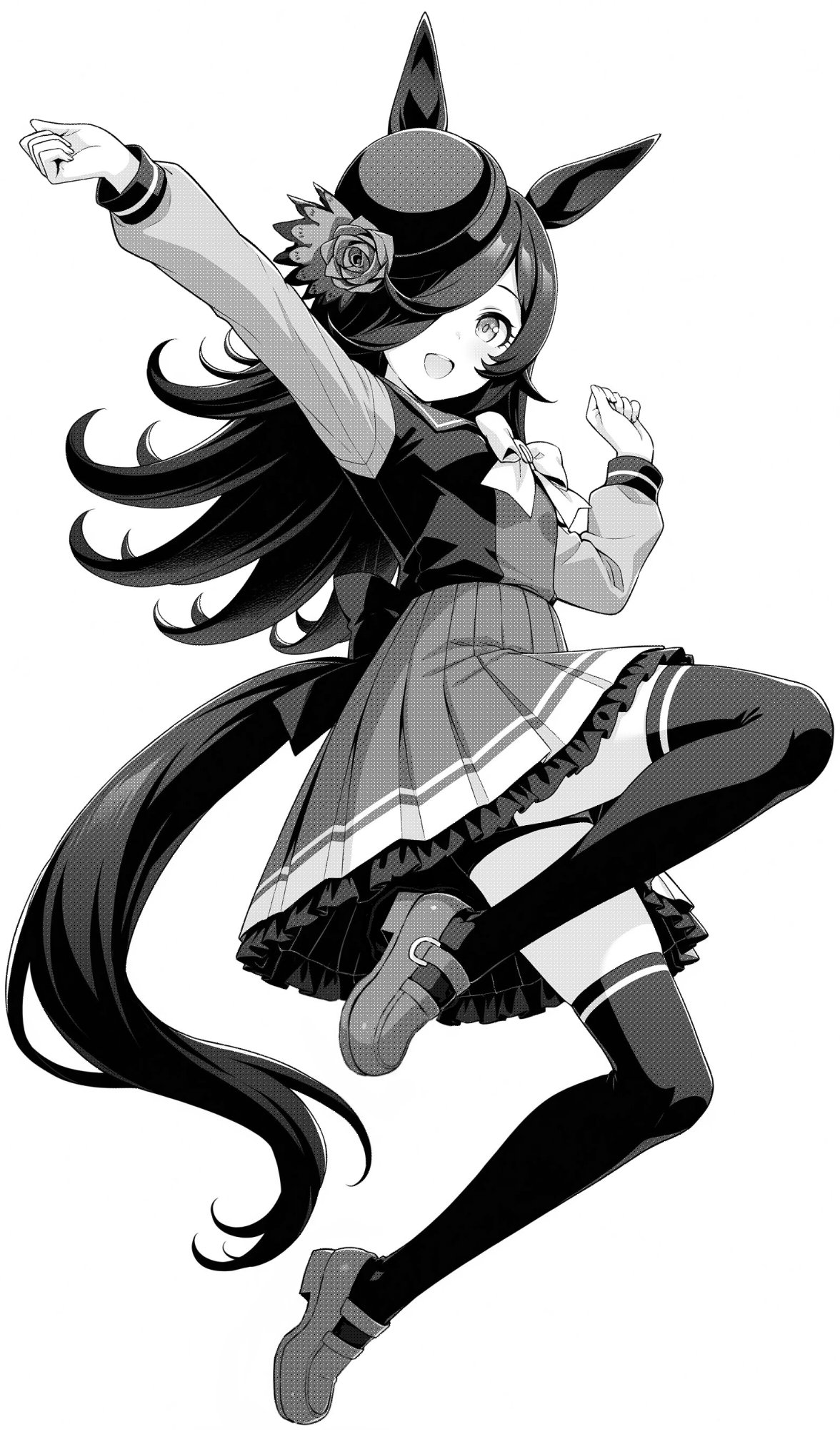akagi koku, rice shower (umamusume), umamusume, commentary request, highres, 1girl, :d, animal ears, bike shorts, clenched hands, hair over one eye, hat, horse ears, horse girl, horse tail, loafers, looking at viewer, open mouth, pleated skirt, school uniform, shoes, simple background, skirt, smile, solo, tail, thighhighs, tilted headwear, tracen school uniform, white background