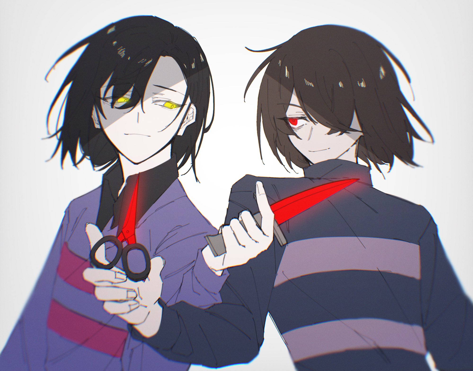 frisk (undertale), undertale, utdr (toby fox), commentary request, highres, 2others, asymmetrical bangs, bags under eyes, black sweater, brown hair, chromatic aberration, closed mouth, collared shirt, crossed bangs, dual persona, eye contact, film grain, fingernails, glowing, glowing eyes, grey background, hair behind ear, hair over one eye, hand up, holding, holding knife, holding scissors, knife, long sleeves, looking at another, mmlma ma, multiple others, one eye covered, other focus, pale skin, pink sweater, puffy long sleeves, puffy sleeves, purple sweater, red eyes, scissors, shirt, short hair, simple background, smile, striped clothes, striped sweater, sweater, turtleneck, turtleneck sweater, two-tone sweater, unusually open eyes, upper body, wind, yellow eyes