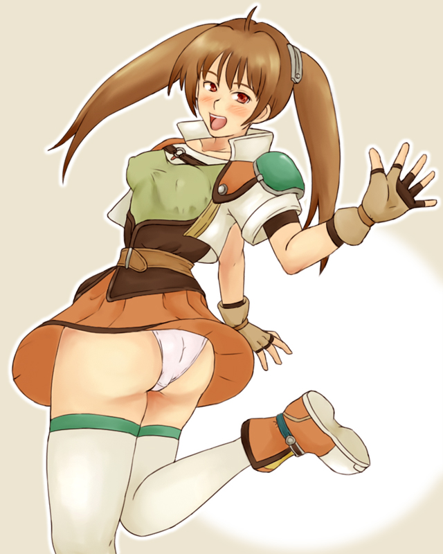 momo 765, rirakukan, estelle bright, eiyuu densetsu, falcom, sora no kiseki, 1girl, ahoge, ass, blush, boots, breasts, brown eyes, brown hair, female focus, fingerless gloves, gloves, jacket, long hair, looking back, medium breasts, orange skirt, panties, pantyshot, skirt, smile, solo, standing, thighhighs, twintails, underwear, upskirt, white panties