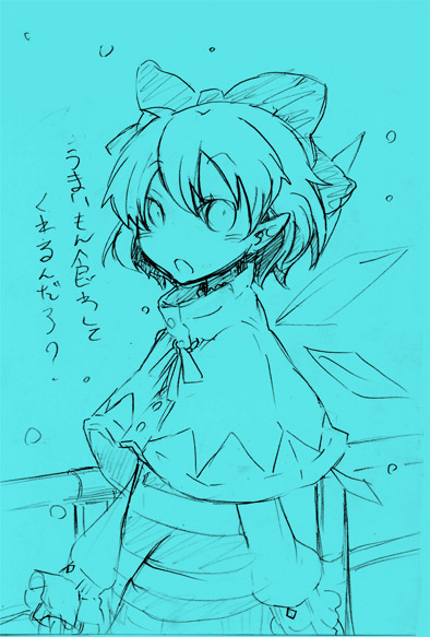 bakayanagi, cirno, perfect cherry blossom, touhou, traditional media, translated, 1girl, blue background, blue theme, female focus, monochrome, snow, solo