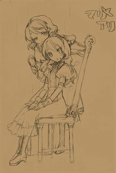 bakayanagi, alice margatroid, kirisame marisa, touhou, traditional media, 2girls, female focus, monochrome, multiple girls, orange background, orange theme, sketch