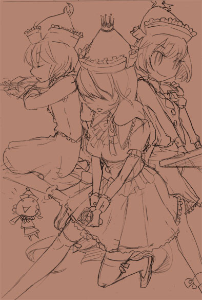 bakayanagi, layla prismriver, lunasa prismriver, lyrica prismriver, merlin prismriver, touhou, traditional media, 4girls, brown background, brown theme, female focus, merupo, monochrome, multiple girls, sketch
