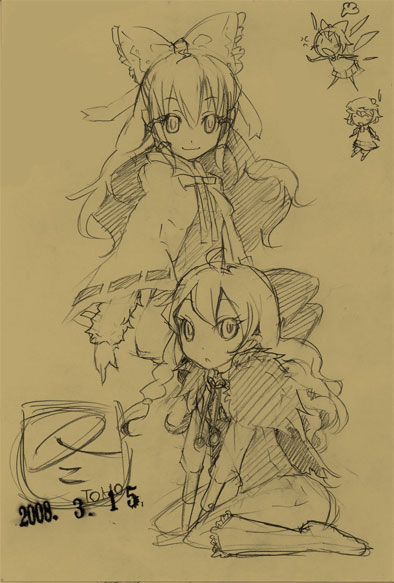 bakayanagi, hakurei reimu, kirisame marisa, touhou, traditional media, 2girls, ahoge, female focus, monochrome, multiple girls, sketch, yellow background, yellow theme