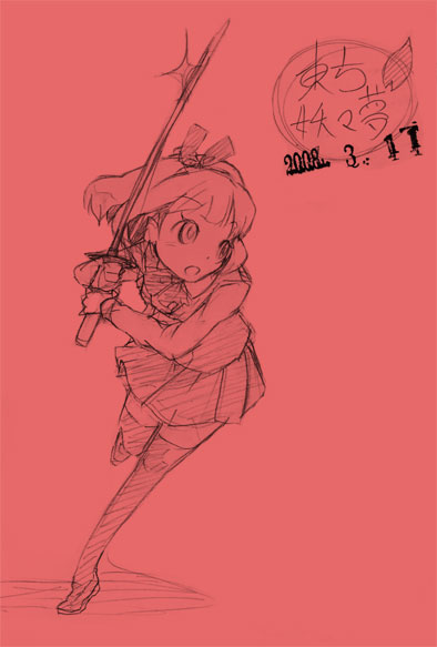 bakayanagi, konpaku youmu, touhou, traditional media, 1girl, female focus, katana, monochrome, red background, red theme, sketch, solo, sword, thighhighs, weapon, zettai ryouiki
