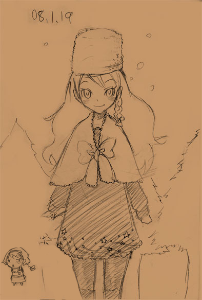 bakayanagi, alice margatroid, kirisame marisa, perfect cherry blossom, touhou, traditional media, 2girls, brown background, brown theme, female focus, monochrome, multiple girls, pantyhose, snow
