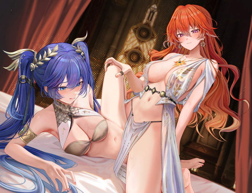ru zhai, augusta (wuthering waves), iuno (wuthering waves), wuthering waves, chinese commentary, commentary request, paid reward available, partial commentary, 2girls, ancient greek clothes, armlet, armpit crease, barefoot, blue eyes, blue hair, blush, bottomless, breasts, cleavage, closed mouth, dress, earrings, feet, girl on top, gradient hair, greco-roman clothes, hair between eyes, indoors, jewelry, large breasts, laurel crown, long hair, medium breasts, multicolored hair, multiple girls, navel, on bed, orange hair, red eyes, revealing clothes, smile, stomach, sun earrings, sweat, thighs, toes, tribadism, twintails, white dress, yuri