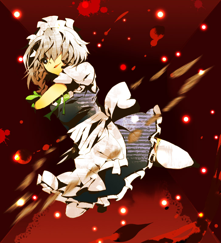 uru uzuki, yuzuki (pixiv), izayoi sakuya, touhou, silver hair, 1girl, blood, female focus, hair over one eye, hairband, maid, ribbon, short hair, solo