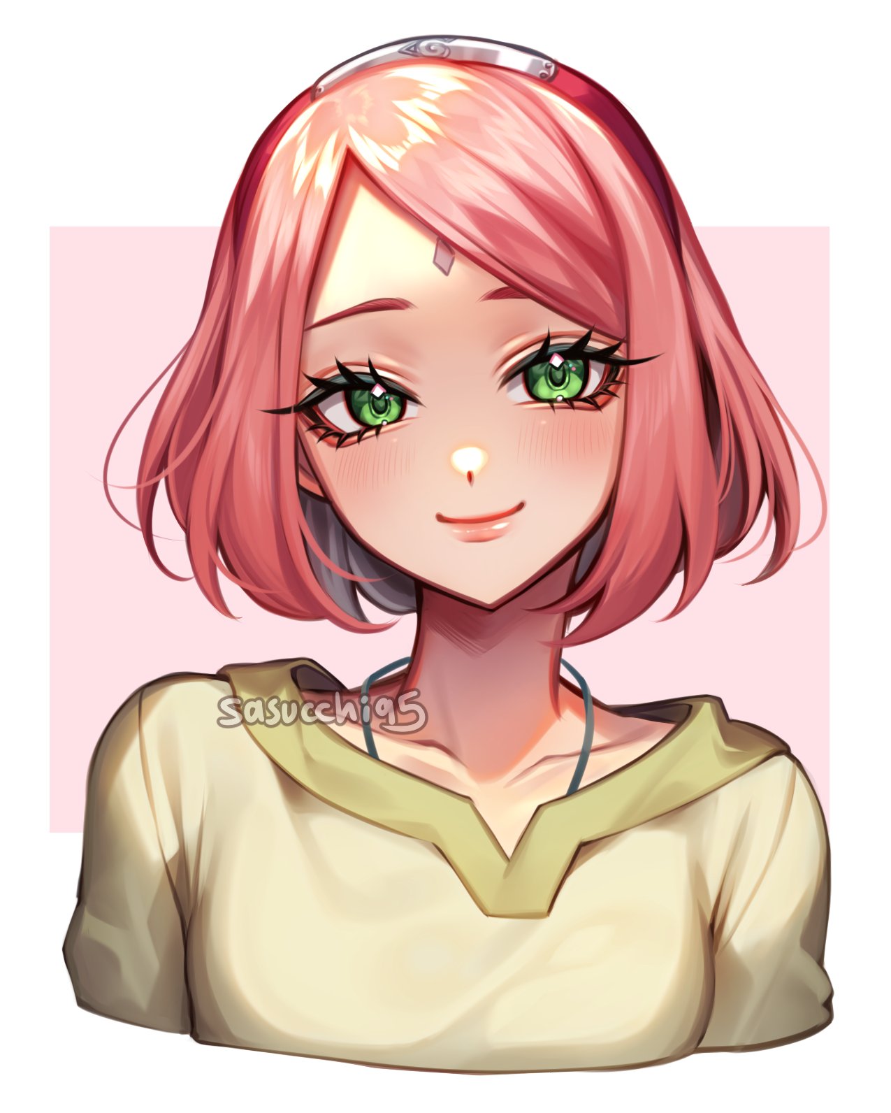 sasucchi95, haruno sakura, boruto: naruto next generations, naruto (series), highres, 1girl, alternate costume, blush, closed mouth, eyelashes, facial mark, forehead mark, green eyes, konohagakure symbol, looking at viewer, pink hair, shirt, short hair, smile, solo, upper body, yellow shirt