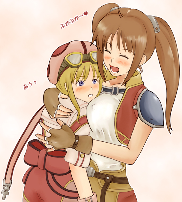 momo 765, rirakukan, estelle bright, tita russell, eiyuu densetsu, falcom, sora no kiseki, 2girls, ahoge, blonde hair, blue eyes, blush, bow, breasts, brown hair, closed eyes, female focus, fingerless gloves, gloves, goggles, hat, hug, jacket, long hair, multiple girls, twintails, yuri