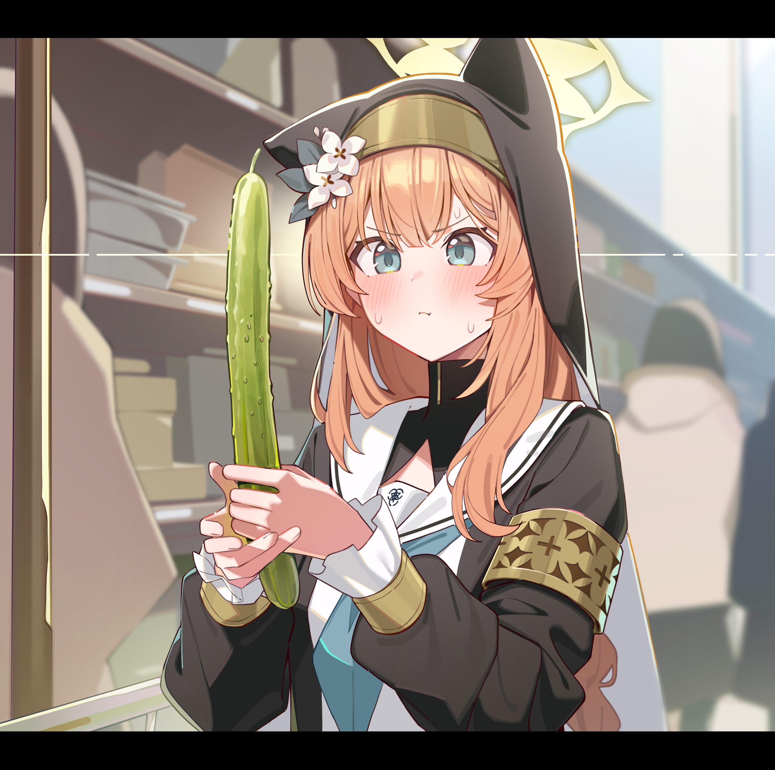 muo (muojjang 0929), mari (blue archive), blue archive, gold armlet, absurdres, commentary, highres, symbol-only commentary, 1girl, animal ears, aqua neckerchief, black veil, blue eyes, blush, cat ears, cat girl, closed mouth, cucumber, dress, food, halo, holding, holding food, long hair, long sleeves, neckerchief, nun, orange hair, people, puffy long sleeves, puffy sleeves, sailor collar, solo, veil, white dress, white sailor collar, yellow halo