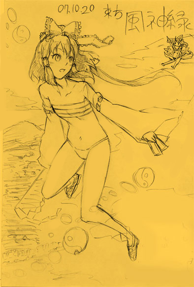 bakayanagi, hakurei reimu, kirisame marisa, touhou, traditional media, 1girl, bikini, female focus, full body, monochrome, sarashi, solo, swimsuit
