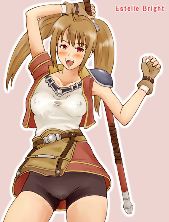 momo 765, rirakukan, estelle bright, eiyuu densetsu, falcom, sora no kiseki, 1girl, ahoge, bike shorts, blush, breasts, brown hair, cameltoe, fang, female focus, fingerless gloves, gloves, jacket, long hair, pink background, pussy bulge, red eyes, shirt, skirt, solo, twintails