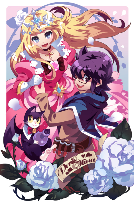 bf. (sogogiching), original, archived source, commentary request, korean commentary, 1boy, 1girl, :3, aqua gemstone, bat wings, belt, black cat, black eyes, black fur, black wings, blonde hair, blue hood, border, bow, bow flower, bowtie, breasts, brown belt, brown shirt, brown sleeves, cat, choker, closed mouth, colored sclera, contrast collar, detached collar, dot nose, dress, elbow gloves, english text, fantasy, flask, flower, gem, glasses, gloves, gradient background, grey eyes, grey pupils, heart, hood, hood down, jewelry, juliet sleeves, lace-trimmed collar, lace trim, long hair, long sleeves, looking at viewer, medium breasts, medium hair, open mouth, pawpads, pendant, pink dress, pink flower, pink rose, pink sleeves, princess, princess dress, princess outfit, puffy sleeves, purple eyes, purple hair, rectangular eyewear, red bow, red bowtie, red choker, red gemstone, rose, round-bottom flask, shirt, sidelocks, silver tiara, teeth, test tube, tiara, tongue, two-tone fur, upper teeth only, very long hair, whiskers, white border, white flower, white fur, white gloves, white petals, wings, yellow sclera