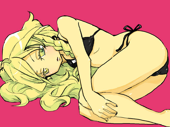bakayanagi, kirisame marisa, touhou, 1girl, ass, barefoot, bikini, black bikini, blonde hair, female focus, long hair, lying, on side, pink background, side-tie bikini bottom, simple background, solo, swimsuit, yellow eyes