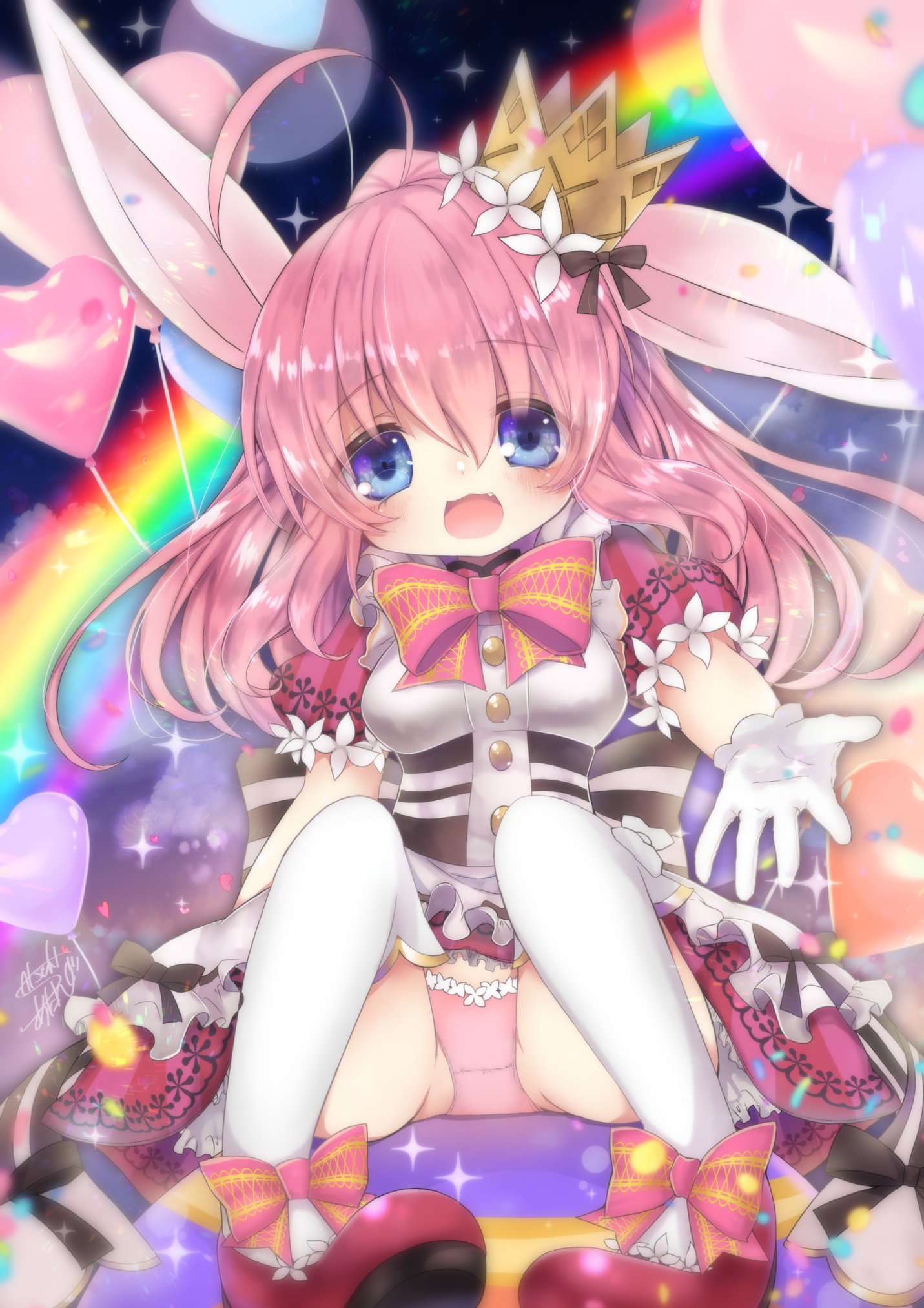 satsuki atan, minnie doe alma, emil chronicle online, highres, ahoge, animal ears, apron, artist name, ass, balloon, black ribbon, black sash, blue eyes, boots, bow, bowtie, crown, dress, frilled apron, frills, gloves, heart balloon, looking at viewer, open mouth, outstretched arm, panties, pantyshot, pink bow, pink dress, pink hair, pink panties, ponytail, rabbit ears, rabbit girl, rainbow background, red boots, ribbon, sash, signature, thighhighs, two-tone sash, underwear, white apron, white gloves, white sash, white thighhighs
