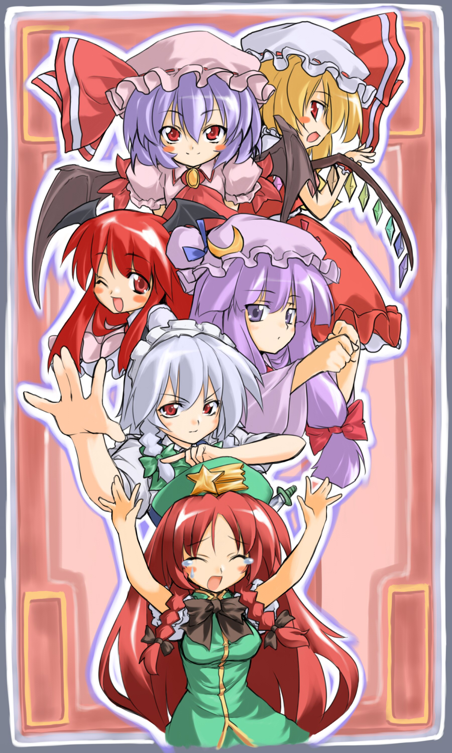 take shinobu, takesinobu, flandre scarlet, hong meiling, izayoi sakuya, koakuma, patchouli knowledge, remilia scarlet, embodiment of scarlet devil, touhou, silver hair, bad id, bad pixiv id, highres, 6+girls, bat wings, blonde hair, blue hair, blush, braid, crescent hat ornament, female focus, hairband, hat, hat ornament, knife, maid, multiple girls, purple eyes, purple hair, red eyes, red hair, ribbon, tears, throwing knife, twin braids, weapon, wings
