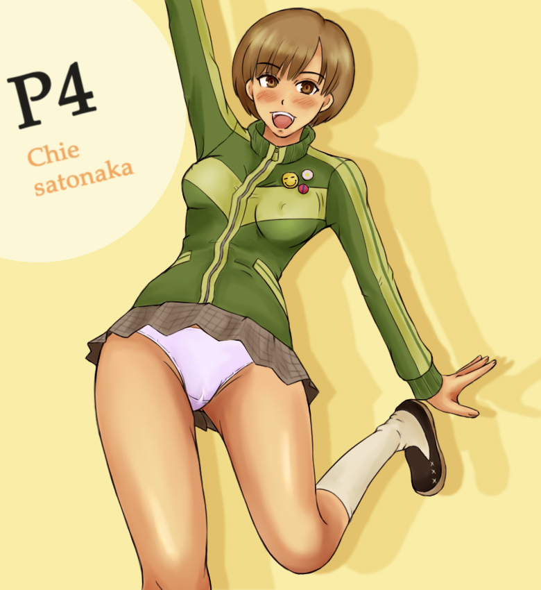 momo 765, rirakukan, satonaka chie, atlus, persona, persona 4, 1girl, blush, brown eyes, brown hair, cameltoe, female focus, green shirt, miniskirt, panties, pantyshot, shirt, shoes, short hair, skirt, socks, solo, sweater, underwear