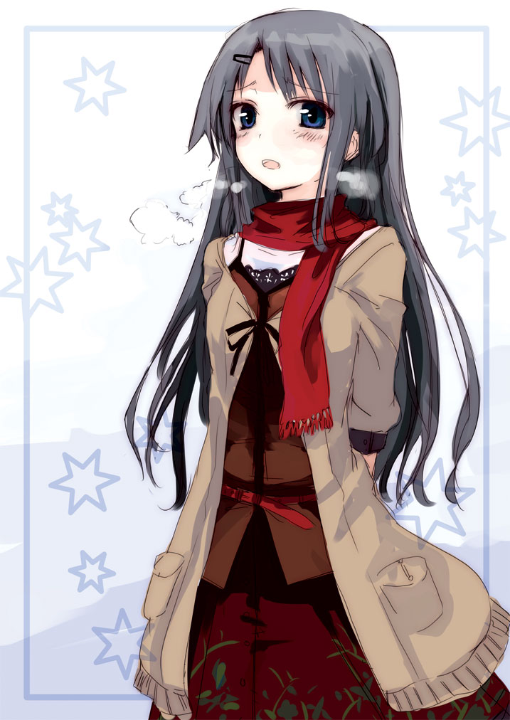 gotyou, original, 1girl, arms behind back, black hair, blue eyes, blush, breath, female focus, long hair, looking at viewer, scarf, solo