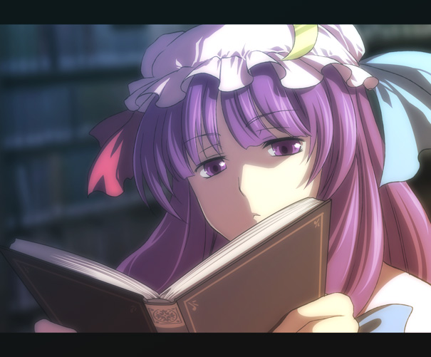 490 (spinoza490), patchouli knowledge, touhou, photoshop (medium), 1girl, anime coloring, blurry, book, crescent, crescent hat ornament, depth of field, female focus, hat, hat ornament, jitome, letterboxed, long hair, open book, portrait, purple eyes, purple hair, reading, ribbon, solo