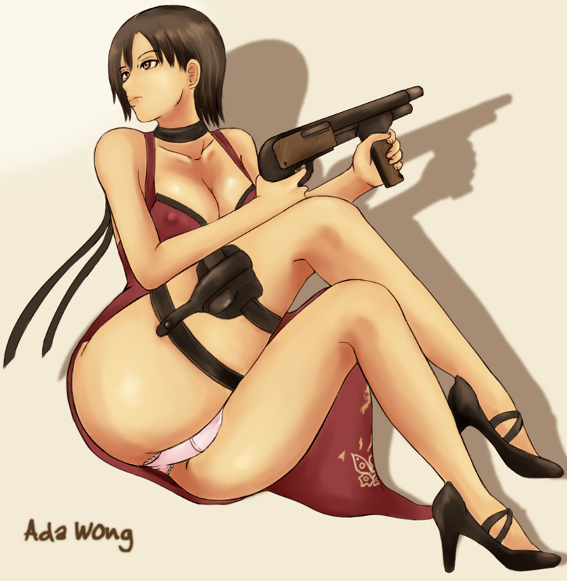 momo 765, rirakukan, ada wong, resident evil, resident evil 4, 1girl, ass, black hair, breasts, brown eyes, brown hair, choker, cleavage, covered erect nipples, crossed legs, dress, female focus, gun, high heels, legs, mossberg 500, panties, pantyshot, pink panties, pump action, red dress, shadow, shoes, short hair, shotgun, sitting, solo, thigh strap, thighs, underwear, vertical forward grip, weapon