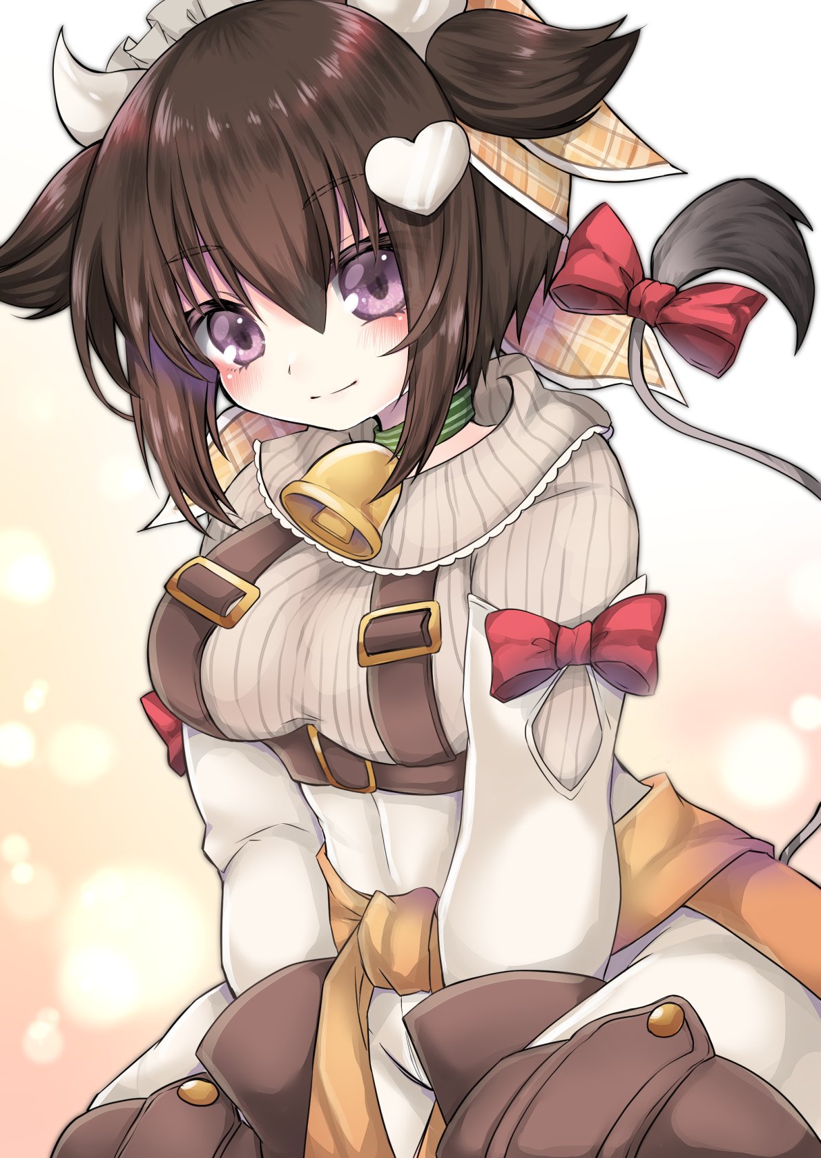 satsuki atan, momo alma, emil chronicle online, highres, 1girl, bandana, bell, belt, boots, breasts, brown belt, brown boots, brown gloves, brown hair, capelet, choker, clothes around waist, cow girl, cow horns, cow tail, gloves, green choker, hair ornament, heart, heart hair ornament, horns, jacket, jacket around waist, large breasts, looking at viewer, maid headdress, neck bell, orange bandana, orange jacket, pants, purple eyes, red ribbon, ribbon, shirt, sitting, solo, tail, tail ornament, tail ribbon, two side up, wariza, white capelet, white pants, white shirt, white sleeves