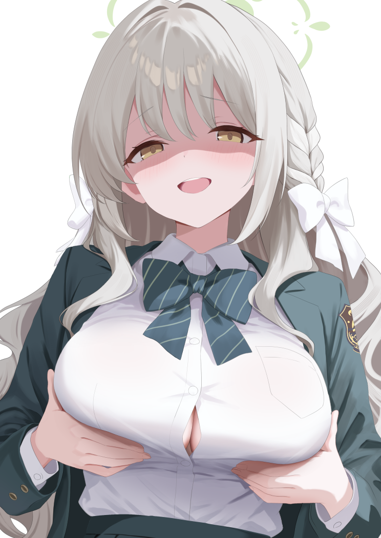 komugirakko, miyo (blue archive), blue archive, commentary request, 1girl, blazer, blush, bow, bowtie, braid, breast lift, breasts, button gap, cleavage, green halo, green jacket, grey hair, hair bow, halo, jacket, large breasts, long hair, long sleeves, looking at viewer, meme, next time you're getting this (meme), open mouth, school uniform, shaded face, shirt, simple background, skirt, smile, solo, striped bow, striped bowtie, striped clothes, teeth, upper body, upper teeth only, white background, white bow, white shirt
