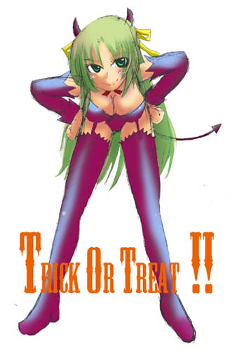 sonozaki shion, higurashi no naku koro ni, lowres, 00s, 1girl, bra, demon, demon tail, female focus, gloves, green eyes, green hair, halloween, horns, lingerie, long hair, matching hair/eyes, panties, solo, tail, thighhighs, trick or treat, underwear, underwear only
