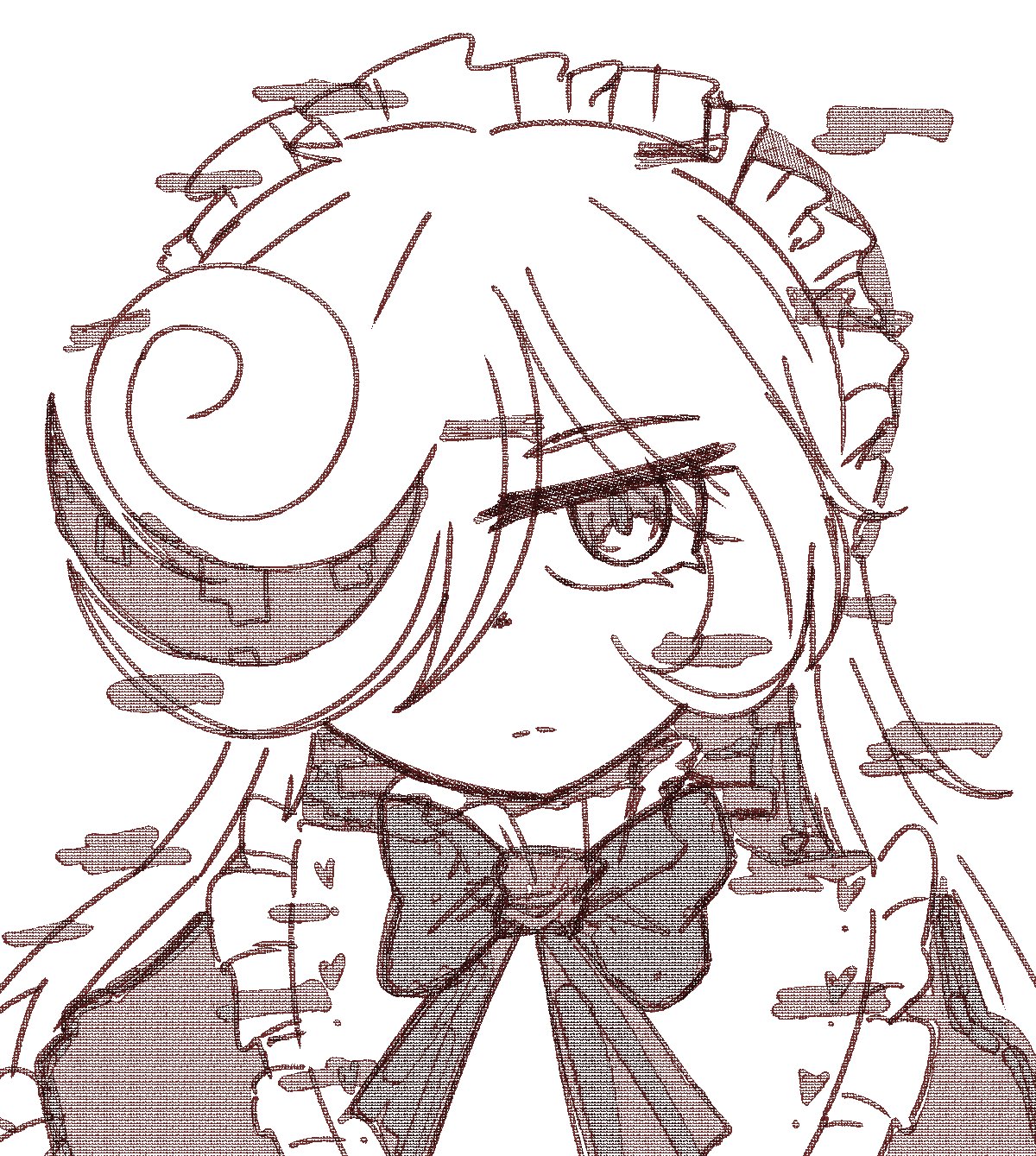 sage (sonic), sonic (series), highres, 1girl, alternate costume, alternate hairstyle, bow, bowtie, closed mouth, donny (9xnny), dress, glitch, hair over one eye, long hair, looking at viewer, maid, maid headdress, monochrome, sketch, solo, upper body