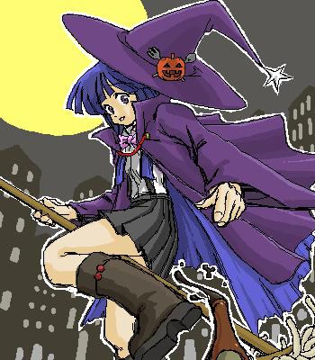 furude rika, higurashi no naku koro ni, lowres, 00s, 1girl, blue hair, boots, bottle, broom, city, coat, female focus, flying, food-themed hair ornament, hair ornament, halloween, hat, jack-o'-lantern, moon, night, pumpkin, pumpkin hair ornament, purple eyes, solo, witch, witch hat
